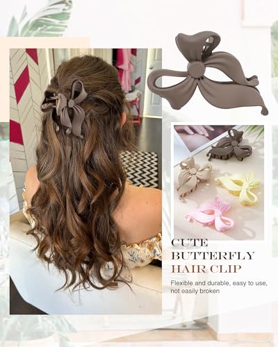 4 PCS Bow Hair Clips Bow Claw Clip for Women, Large Hair Claw Clips for Thin Thick Long Hair Cute Nonslip Bows (Dark Brown+Light Brown+Off-White+Light Pink) - color: Dark Brown+Light Brown+Off-White+Light Pink