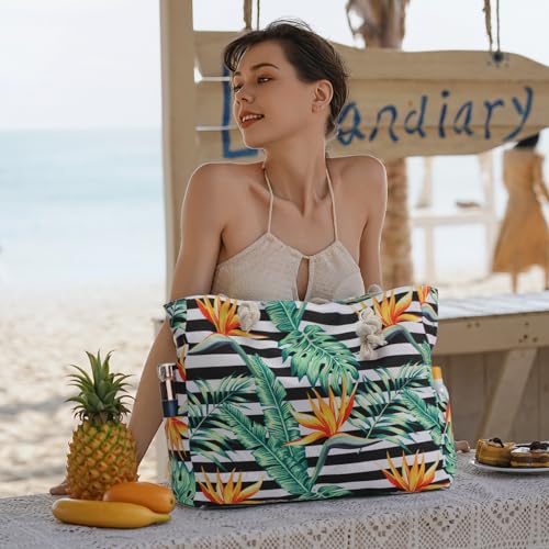 Clothirily Beach Bag for Women - Large Beach Tote Bag, Waterproof Sandproof Beach Bag with Zipper, Large Swim Pool Beach Tote - color: Leaf Stripe
