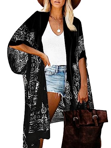 Breezy Lane Kimonos for Women Swimsuit Coverups Beach Cover Up Swimwear Cardigan Summer - color: A Black Print