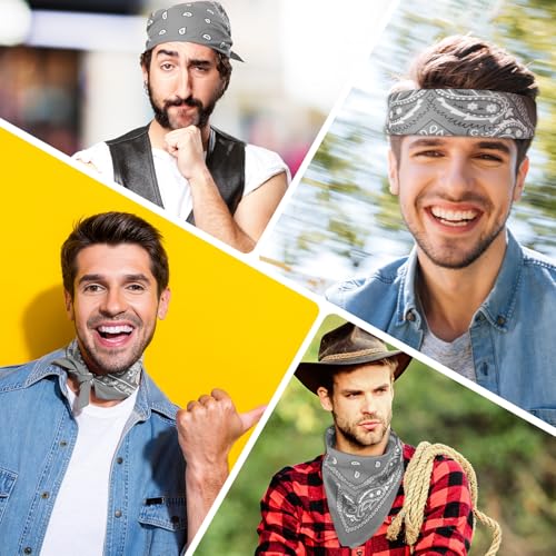 PLULON Bandanas for Men Women 4/12/24/30 Pack, Paisley Pattern Bandana Bulk Headbands Handkerchief Face Mask 100% Polyester - color: Gray