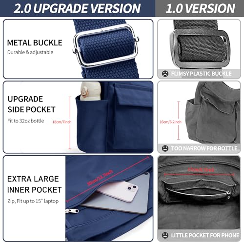 KALIDI Canvas Tote Bag Large Hobo Crossbody Shoulder Handbag Zipper Messenger Bag for Women or Men Casual College Work - color: Upgraded Deep Blue
