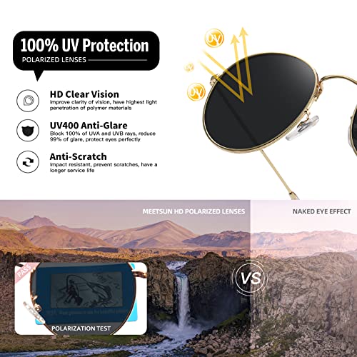 MEETSUN Round Polarized Sunglasses for Women Men Classic Retro Metal Frame Sun Glasses UV Protection - color: (3 Pack) Gold/Grey + Black/Grey + Gold/Pink