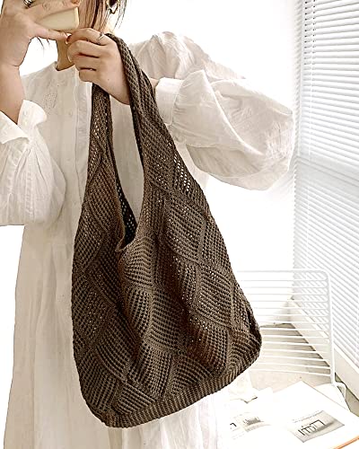 Crochet Mesh Beach Tote Shoulder Handbags Hobo Summer Aesthetic Women's Bag - color: Brown