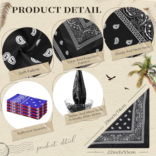Suhine 12 Pcs Bandanas Bulk for Women Men 22 x 22 Inch Paisley Headband Cowboy Handkerchief Summer Beach Party Costume - color: Red, Black and Blue