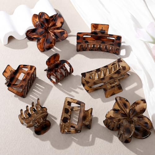 8 Pcs Neutral Matte Hair Claw Clips Set, Strong Hold Non-Slip Jaw Clips for Women Girls, Rectangle & Flower Design Hair Clips for Thick/Thin Hair, Daily & Styling Accessories(Leopard) - color: Leopard