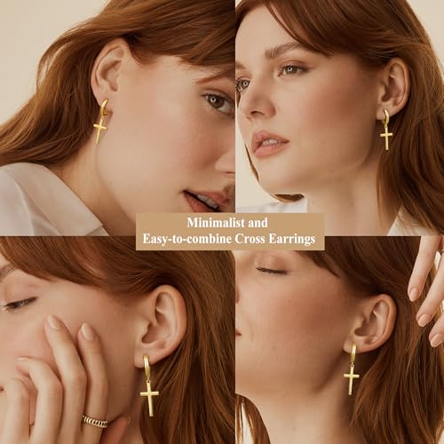 MILACOLATO 925 Sterling Silver Hoop Earrings for Women 18K Gold/Rhodium Plated Drop Dangle Hoop Earrings with Charms Cross Spike Moon Star Paperclip Link Statement Earrings Convertible Link Huggie Earrings Hypoallergenic - color: Gold Tone : Hoop with Dan