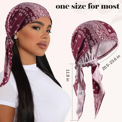 Ababalaya Chemo Headwear for Women Softer Headcover with Longer Tails, Breathable Skull Cap Non-Slip Sleep Beanie - color: Redpaisley