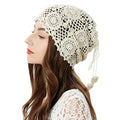 ZLYC Women Cotton Crochet Slouchy Beanie Hat Handmade Knit Summer Skull Cap - color: Beige Ponytail