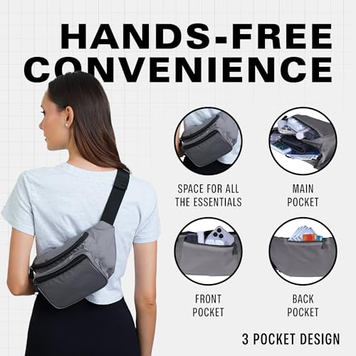 Gray Fanny Pack Belt bag - Crossbody Waist Bag for Men or Women - Hands-Free, Waterproof Large Bumbag for Hiking, Running, and Travel - color: Gray Sheen