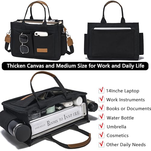 ZHMO Canvas Tote Bag for Women,Women's Bags Crossbody Bags Work Laptop Tote Bag Large Handbags Purse for Travel Nurse Teacher - color: New Upgrade Black With Compartments and Inner Cup Holders