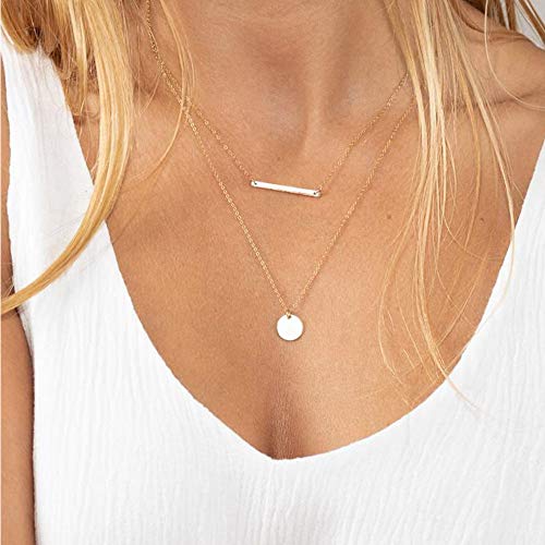 Turandoss Gold Layered Necklaces for Women - 14K Gold Plated Handmade Multilayer Bar Pearls Coin Disc Moon Butterfly Medallion Adjustable Dainty Layered Choker Necklaces for Women Jewelry - style: 3PCS - Coin&Bar&Hammered Disc