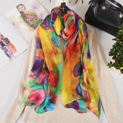 100% Mulberry Silk Women's Neck Silk Scarf-Lightweight Shawl,FLoral Print Beach Silk Wrap-Scarves for Photography - color: Rainbow-color