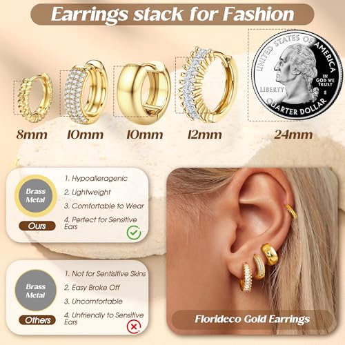 Florideco 4Pairs Small Hoop Earrings for Women Trendy 14K Gold Plated Stackable Chunky Earrings Hypoallergenic Huggie Earring Stacks Lightweight Earring Sets for Multiple Piercing - color: Gold-Twisted