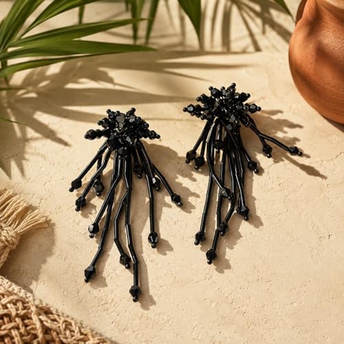 Native Beaded Tassel Earrings Boho,Fringe Drop Statement Seed Bead Tribal Dangle Earrings for Women - color: black