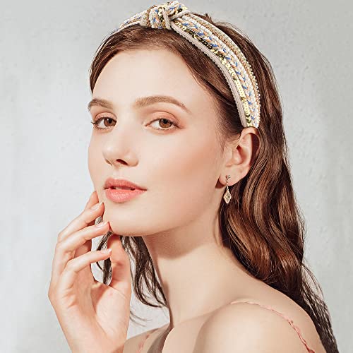 TOBATOBA Knotted Headbands for Women, 3 Pack Rhinestones Pearl Beaded Headbands, Top Knot Boho Head bands, Wide Turban Crystal Pearl Sequin Head bands, Vintage Non Slip Diamond Beaded Bling Hair Band - color: Color 1