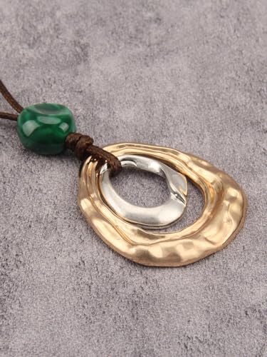 GelConnie Leather Necklace for Women Round Wooden Pendant Long Leather Choker Vintage Sweater Necklace Gold Chunky Boho Necklaces for Women - style: Boho Circle Necklace Gold