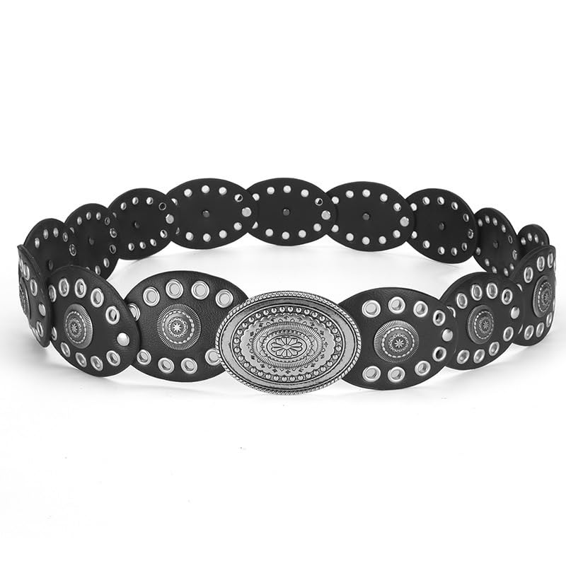 Wide Western Cowboy Disc Belt for Woman Concho PU Leather Belts for Ladies Boho Country Waist Belts for Dress Jeans - color: Black-silver Buckle