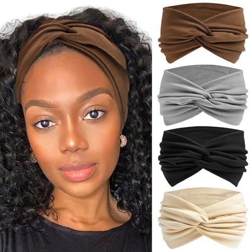 4 Pack Bandana Headbands for Women Large Turban Head Wraps Wide Headband Knotted Criss Cross Head Band Scarf Cute Hairband Workout Hair Wrap Turban Headband for Women’s Hair - color: Style 113