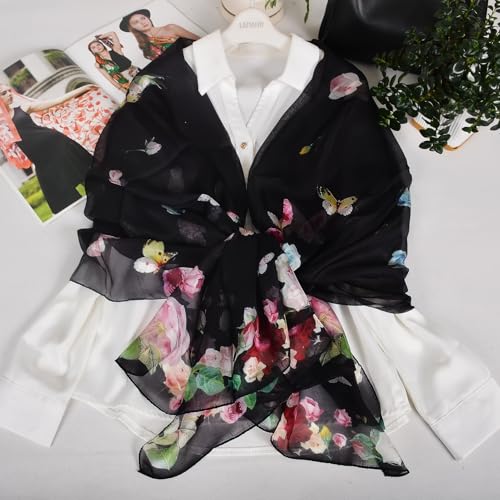 100% Mulberry Silk Women's Neck Silk Scarf-Lightweight Shawl,FLoral Print Beach Silk Wrap-Scarves for Photography - color: Black