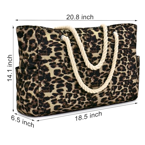 Becokan Beach Bag Large Beach Tote Bag for Women Waterproof Sandproof Swim Pool Bag With Zipper - color: Khaki Leopard