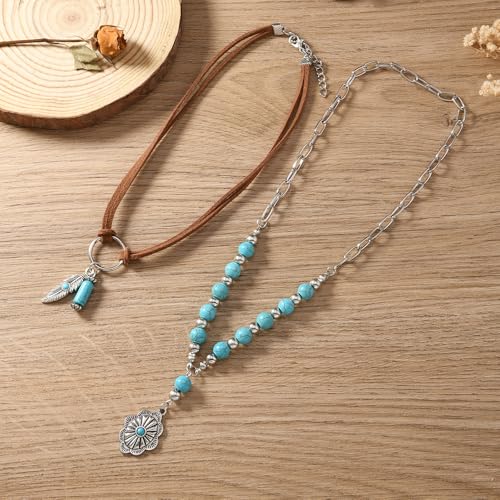 ONLYJUMP Boho Turquoise Leather Choker Necklace for Women Bohemian Handmade Leaf Layered Black Brown Suede Western Cowlady Necklace Western Country Party Jewelry Gifts - style: Feather