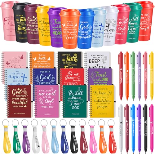 Skylety 12 Set/48 Pcs Christian Gifts for Women Men Religious Gift Set 16 oz Bible Scripture Cups with Lids Mini Spiral Notebooks Pens Keychains for Mother Father Birthday(Classic Color) - color: Classic Color