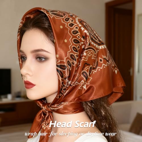 Ciormis 35" Silk Head Scarf for Women, 4 Pcs Satin Hair Scarf Square Silk Bandana Top Neck Scarves Hair Wraps for Sleeping - color: O1-cashew-set21