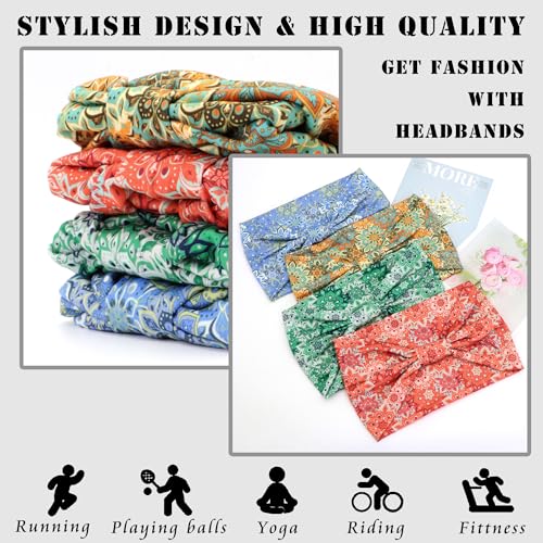 FULZTEY Wide Headbands for Women Floral Printed Boho Hairband Elastic Knotted Bandana Non Slip Workout Yoga Thick Turban Head Wrap Fashion Hair Accessories for Teen Girls 4Pcs - color: Style 78