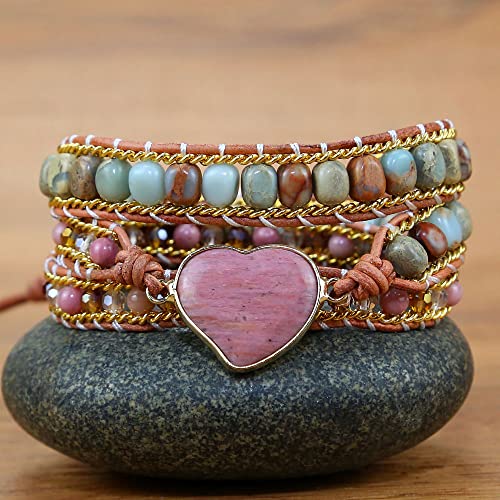 Women Wrap Bracelet Boho Natural Jasper Crystal Stone Beads Strand Bracelets - color: Rhodochrosite