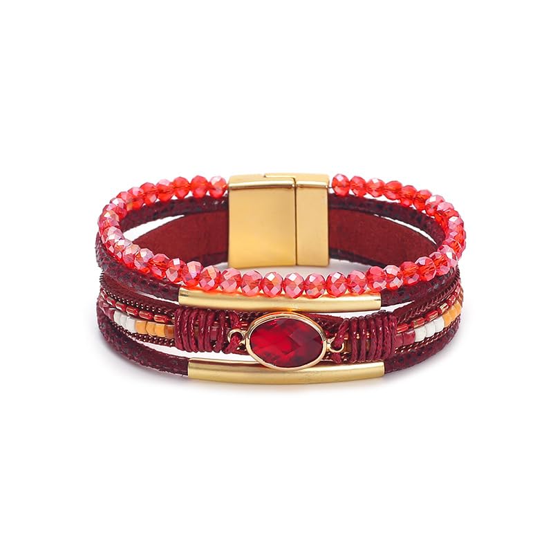 Boho Layered Bracelet for Women – Green Crystal Beaded Wrap Bracelet with Gold Clasp, Multi-Strand Hypoallergenic Statement Jewelry - color: Red Ruby