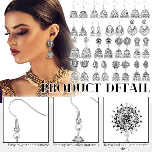 Nosiny 16 Pairs Jhumkas Indian Earrings for Women Vintage Jhumka Bell Hoop Dangle Earrings Set Ethnic Bohemian Indian Jewelry - color: Silver-black