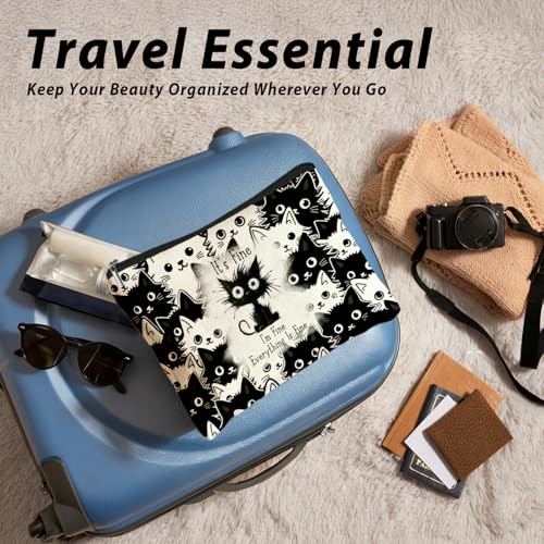 Funny Cat Makeup Bag for Women & Teen Girls, It's Fine I'm Fine Everything Fine Travel Pouches for Toiletries, Kitty Cosmetic Zipper Travel Toiletry Bag, Cute Black Cat Gifts for Cats Gifts Lovers - color: 02-Cat(04)
