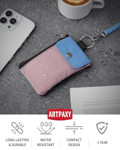 Artpaxy Minimalist Wallet For Mens Womens, Keychain RFID Blocking Zipper Small Wallet with ID Window 2 Lanyards,Water Resistant Travel Cash Card Coin Case Boys Girls - color: Light pink purple+Light blue, style: Casual