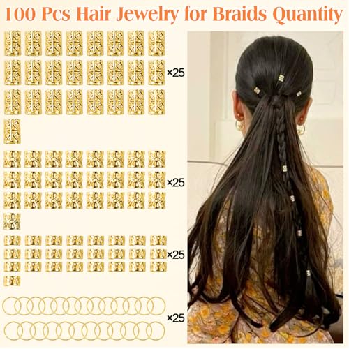 100 Pcs Gold Hair Jewelry for Braids,4 Styles Dreadlock Accessories, Adjustable Metal Hair Clips, Hair Cuff Rings Braiding Decorations for Women Men - color: Gold-100pcs