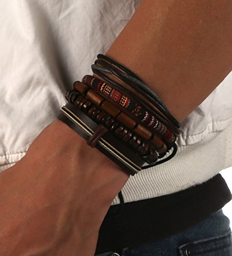 HZMAN Wrap Bracelets Men Women, Hemp Cords Wood Beads Ethnic Tribal Bracelets, Leather Wristbands - style: Classic Style