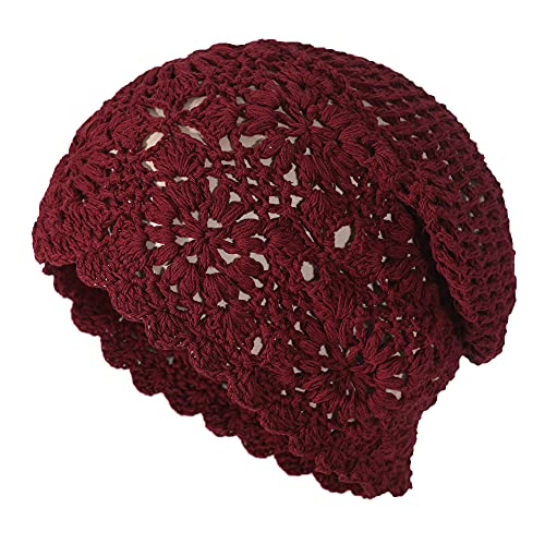 ZLYC Women Cotton Crochet Slouchy Beanie Hat Handmade Knit Summer Skull Cap - color: Burgundy Red