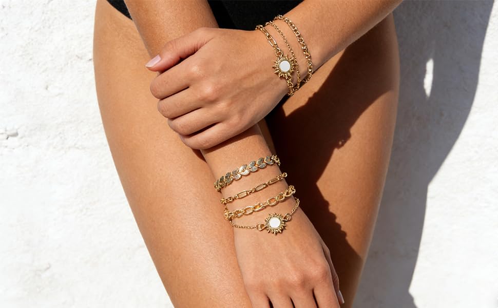 Alegend Titanium Steel (Not Rust, Resist Corruption, Easily Clean) 18K Gold Plated Single Bracelets + 14K Gold Plated Stackable Multilayer Bracelets - style: 14KGold + 4PCS F