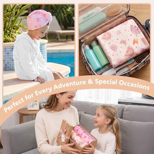 Basumee Microfiber Hair Towel Wrap for Kids 2 Pack Rapid Drying Hair Towel with Button Hair Turbans for Wet Hair Wraps Head Towel Wrap for Women and Girls - color: Brown Pink Rainbow