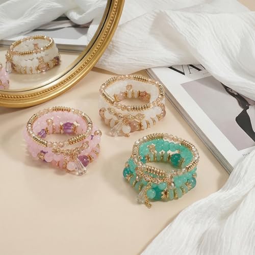 Bohemian Bracelet Sets for Women - 4-Pack Stackable Stretch Bead Bracelets with Black＆White Crystal & Gold Accessories, Multi-Layer Boho Jewelry - color: 6pack sets