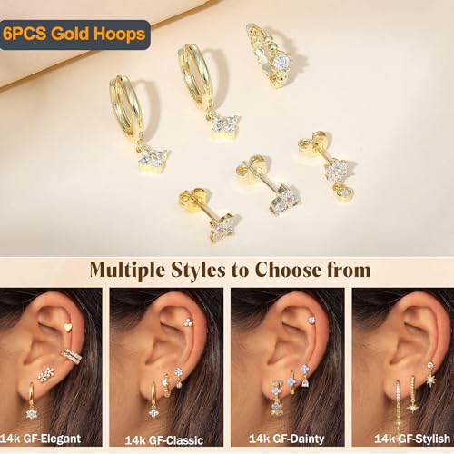 ZELORES 6PCS 14k Gold Plated Hoop Earrings Stacks for Women Trendy Small Chunky Huggie Earring CZ Cartilage Stud Earrings Hypoallergenic Dangle Chain Earrings for Multiple Piercing