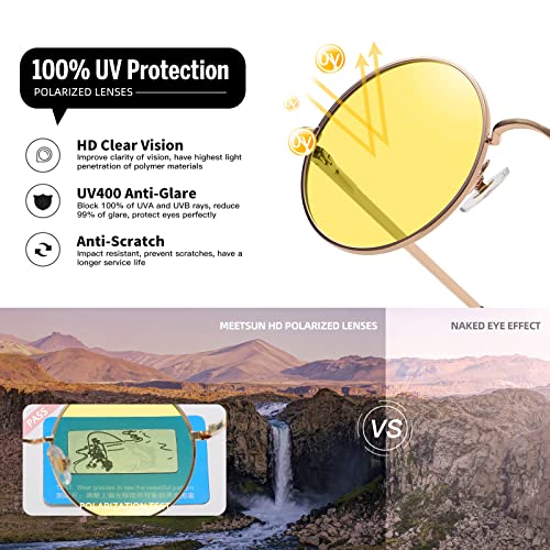 MEETSUN Small Round Polarized Sunglasses for Men Women Metal Retro Hippie Circle Sun Glasses Driving Festival Cosplay UV400 - color: Gold / Yellow