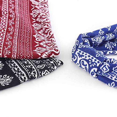 Bohend Boho Headbands for Women, Classic African Print, 3 Pack, Yoga Sports Hair Accessories, Navy Blue, Black, Burgundy