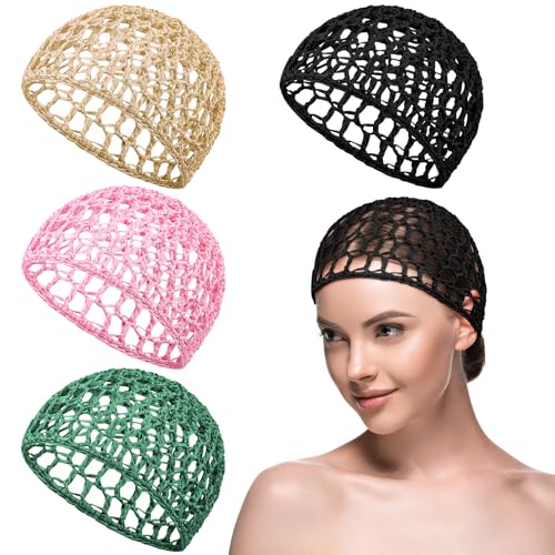 Geyoga 4 Pieces Mesh Crochet Hair Net Rayon Knit Snood Hat Thick Short Women Hairnet Snoods Cover Ornament for Sleeping(Black, Green, Pink, Beige) - color: Black, Green, Pink, Beige