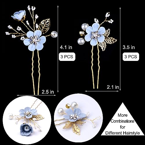 6 Pieces Bridal Flower Wedding Hair Pins Crystal Pearl Hair Pins Clips Headpiece Gold Wedding Hair Accessories Jewelry with Rhinestone for Brides Bridesmaids Women Girls Updo (Special Cream Blue) - color: Special Cream Blue