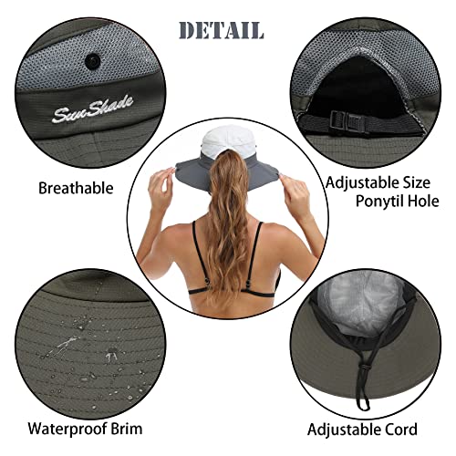 Womens Summer Sun Hat Beach Hat Wide Brim Outdoor UV Protection Hat Foldable Cool Mesh Ponytail Bucket Hat - color: Pure Army Green