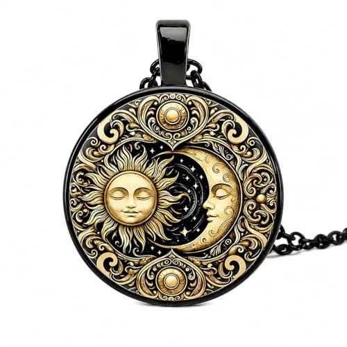 1pc Stunning Round Pendant Necklace - Unique Sun & Moon Pattern, Oil Painting Style Glass Mosaic, Alloy Construction, Trendy Sweater Chain, Fashionable Gift for Women - Christmas or Birthday Gift - color: Gray Moon (Black)