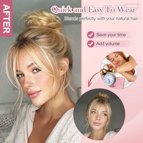 Messy Bun Hair Piece Real Human Hair Scrunchie Updo Extensions For Women Fake Buns Chignon Wig Thick Volume Heat Friendly Donut Ponytail Elastic Band AshBlonde/DarkBlonde - color: AshBlonde/DarkBlonde
