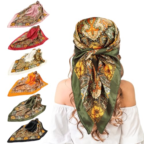 JATEBI 27''/35'' Women Large Satin Scarf Silk Feel Square Wraps Big Hair Bandanas Vintage Print Solid Color Bandana Scarves - color: Pink, Red, White, Orange, Green, Black Classic, size: 35'' Large