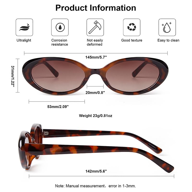 90s Sunglasses for Women Men Retro Small Oval Sunglasses - color: Black/Grey+leopard/Grey+tortoise/Gradient Brown