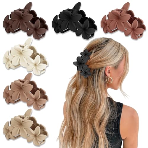 6PCS Flower Hair Clips for Women, Non-Slip Matte Hawaiian Plumeria Large Claws Clips with Strong Hold, Cute Beach Hair Accessories - color: Color A